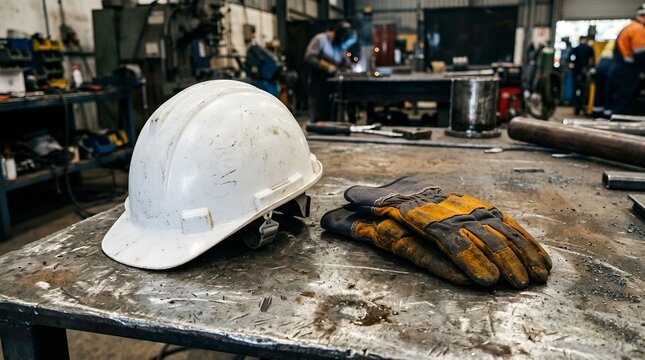 Safety helmet and work gloves on a metal table in workshop
