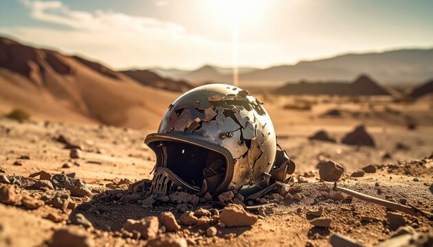 Warped and melted helmet with cracked visor lying face down in a desert crater under harsh sunlight.