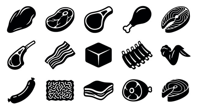 Various black silhouette meat and fish cuts are neatly arranged in rows on a clean white background, creating a simple graphic pattern
