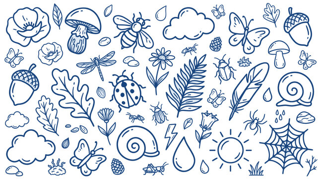 Various hand-drawn nature elements, including insects, plants, and weather icons, arranged as a seamless pattern on a clean white background