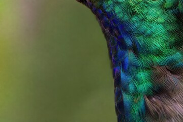 Obraz premium Hummingbird feathers showing vibrant iridescent green and blue colors in extreme macro close-up detail against soft green background, elegant natural texture