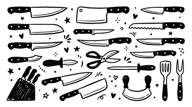 Various hand-drawn kitchen knives, cleavers, and utensils are scattered across a clean white background, creating a playful doodle pattern