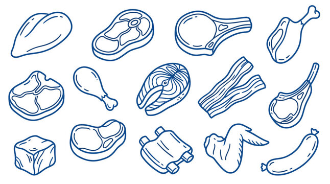 Various blue outline meat cuts and seafood items are neatly arranged on a clean white background, creating a simple graphic pattern