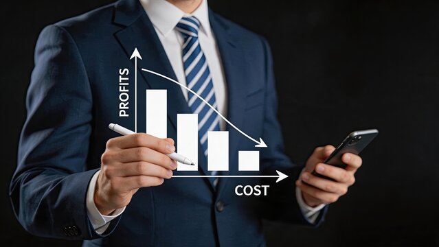Businessman drawing profit cost graph in air, financial management concept, reducing expenses while increasing revenue, strategic planning for company efficiency and economic