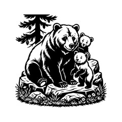 Mother Bear with Cubs in Forest Wildlife Vector Illustration © Julia