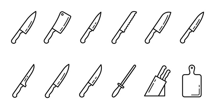 Various kitchen knives, including a cleaver, bread knife, and chef's knife, with a knife block and cutting board, presented as simple black line art icons on a clean white background