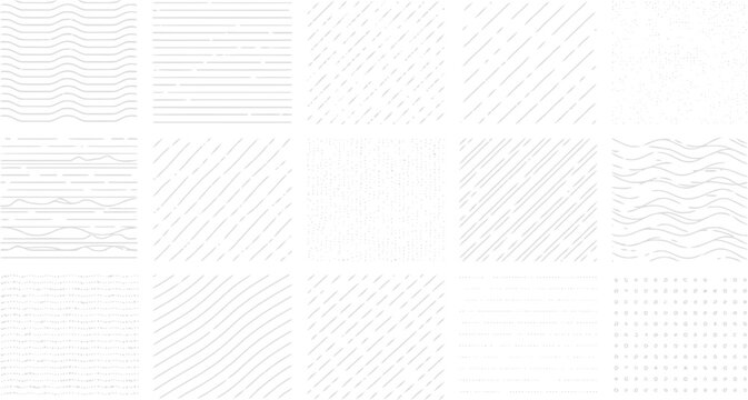 Collection of eighteen abstract hand-drawn line and texture pattern tiles with abstract background seamless monochrome geometric decorative ornamental creative collection backdrop minimalist