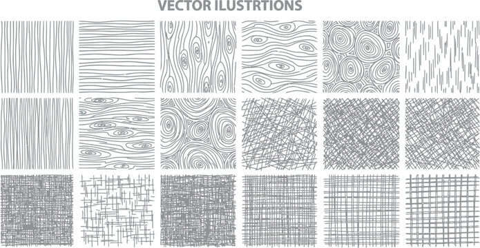 Collection of eighteen abstract hand-drawn line and texture vector patterns with abstract background seamless monochrome geometric decorative ornamental creative collection backdrop