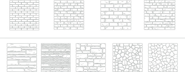 Fototapeta premium Collection of hand drawn stone and brick wall seamless background texture patterns with background seamless handdrawn monochrome architectural construction building material illustration