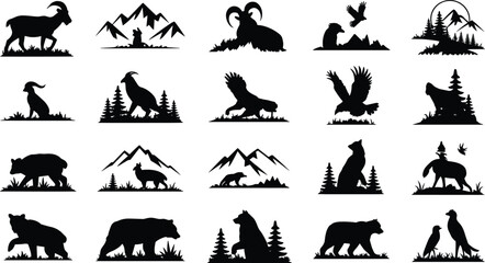 Fototapeta premium Wildlife and Nature Silhouette Collection Featuring Mountain Animals, Birds, and Forest Landscapes for Outdoor Design Projects