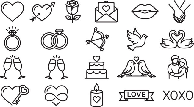 Set of romantic love icons hearts rings couple swans roses celebration symbols valentine day vector graphics.