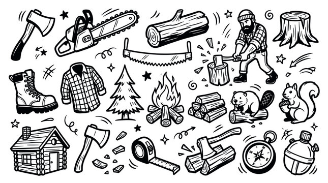 Various black and white hand-drawn lumberjack and camping elements are scattered across a clean white background, creating a rustic doodle pattern