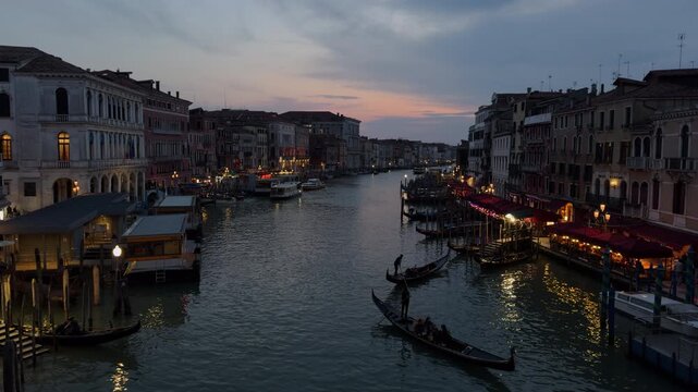 Slow Motion Gondolas on a Romantic Venice Canal Night