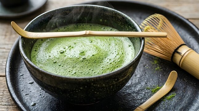 A bowl of green matcha tea on a black plate with a bamboo whisk and spoon