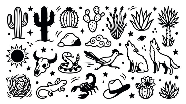 Various black and white desert-themed icons, including cacti, animals, and natural elements, arranged playfully on a clean white background