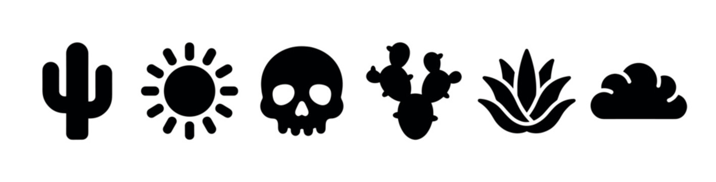 Collection of black desert-themed icons including cacti, sun, skull, agave, and cloud on a clean white background