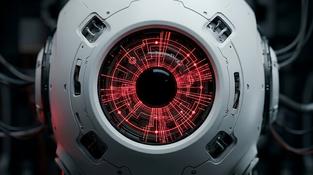 Close-up futuristic robot eye with red glowing iris and circuitry detail