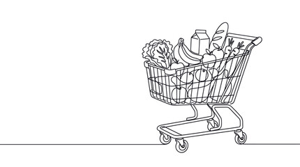Obraz na płótnie Canvas Full grocery shopping cart in continuous line art style, filled with various food items on a clean white background