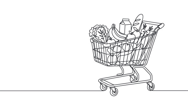Full grocery shopping cart in continuous line art style, filled with various food items on a clean white background