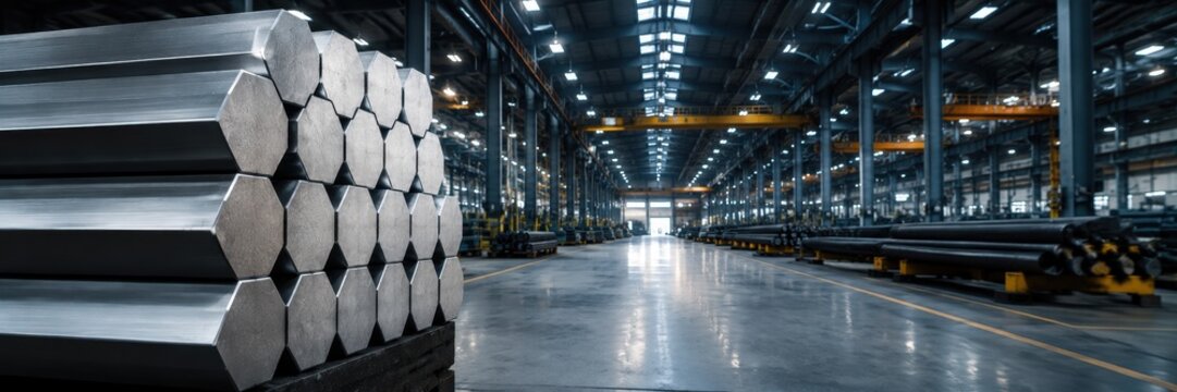 Stacked Hexagonal Steel Bars in Modern Manufacturing Plant with Copy Space