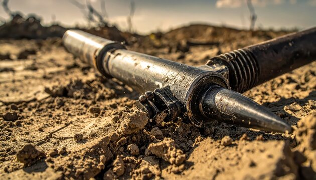 Warped metal bayonet stained and dulled, plunged into cracked earth, a relic of conflict.