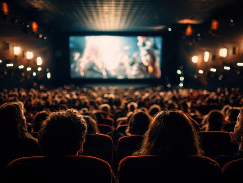 Audience enjoying a crowded movie theater experience as the film unfolds on the large screen in a dimly lit auditorium filled with rows of seats and warm lighting