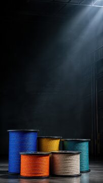 Colorful Industrial Rope Spools in Warehouse with Dramatic Lighting and Copy Space