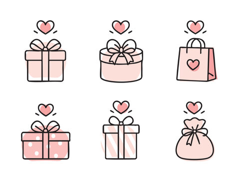 Cute gift and present line icon collection in modern outline style with soft pastel accents. Minimal vector illustrations featuring gift boxes, round present box, shopping bag, gift package, striped