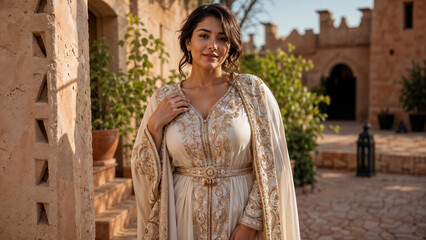 Fototapeta premium A woman wears an ornate cream and gold Moroccan kaftan in a traditional sunlit courtyard, showcasing luxurious North African craftsmanship and elegance.