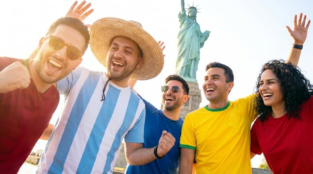 Group of friends celebrating in front of the Statue of Liberty