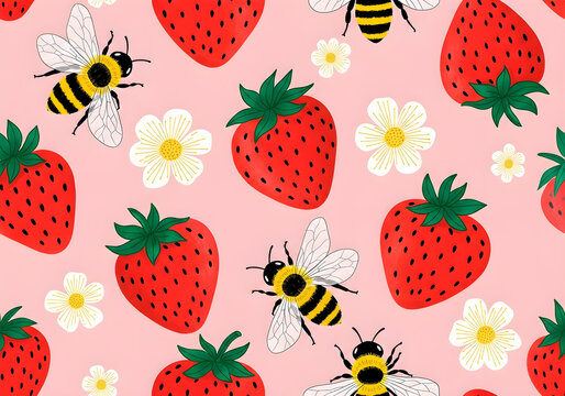 Seamless pattern with red strawberries, bumblebees, and white blossoms on a pink background.