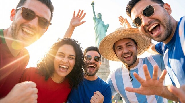 Group of friends cheering in front of the Statue of Liberty