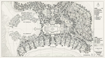 Fototapeta premium Architectural site plan of a luxury resort complex with landscaped grounds and individual villas