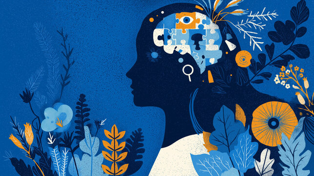 Autism Awareness Concept Illustration with Puzzle Brain in Child Profile &ndash; Neurodiversity, Learning Support and Mental Health