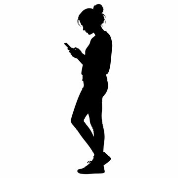 Woman standing and looking at her smartphone screen is rendered as a clean black silhouette.
