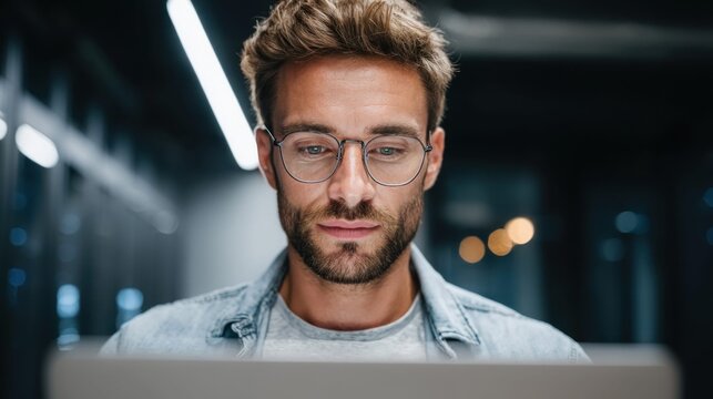 Focused young man wearing glasses working on a laptop in a modern office at night