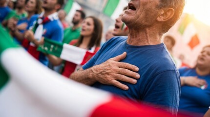 Obraz premium Italian fans sing national anthem with hand on heart