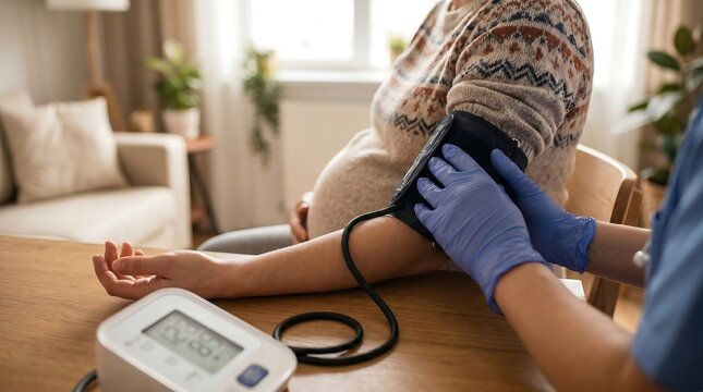 Healthcare professional diligently checking the blood pressure of a pregnant woman at home, emphasizing crucial prenatal care and maternal health monitoring during pregnancy