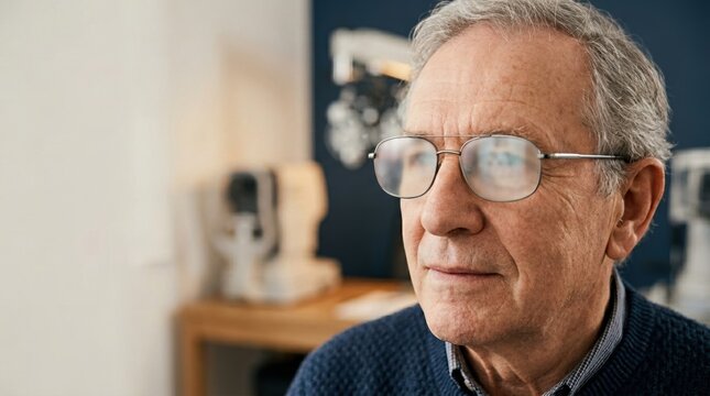 Senior man wearing glasses during an eye examination. Elderly patient at an optometrist clinic. Vision care and health checkup concept