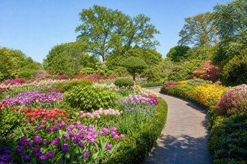 Obraz premium Tulips blooming in vibrant spring colors along brick pathway in beautiful botanical garden under clear blue sky, peaceful landscape design