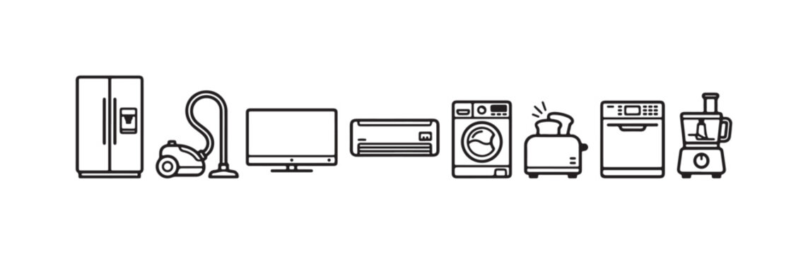 Collection of line icons for major home and kitchen appliances, representing domestic technology.