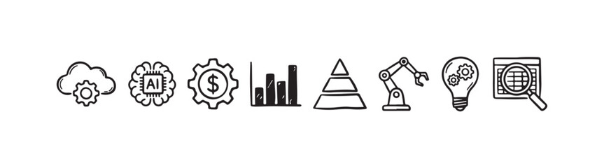 Doodle icons representing technology, artificial intelligence, business analytics, automation, and innovation concepts. © Ірина Гринюк