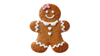 Obraz premium Gingerbread man cookie with pink bow and white icing, isolated on transparent background