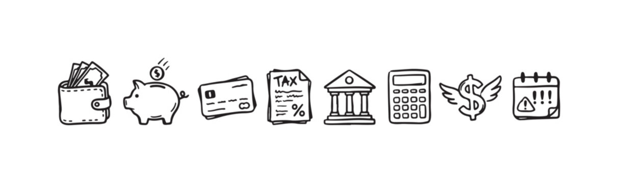 Doodle icons depicting financial management, banking, tax planning, savings, and monetary concepts.