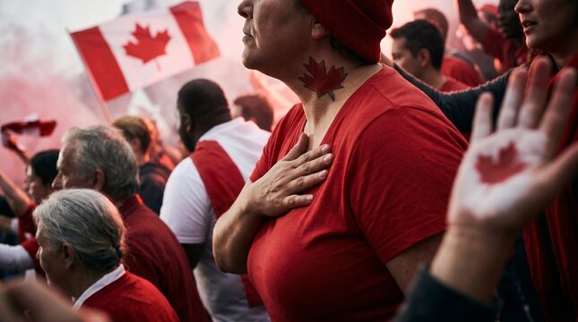 Canadians express pride with maple leaf tattoos and flags during a rally.