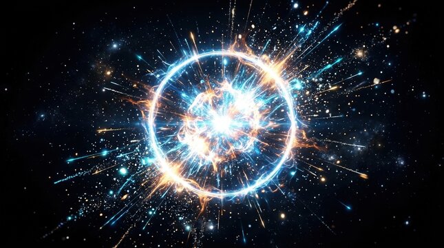 Cosmic explosion with glowing light ring. Abstract supernova background with particles and energy waves. Science fiction space concept