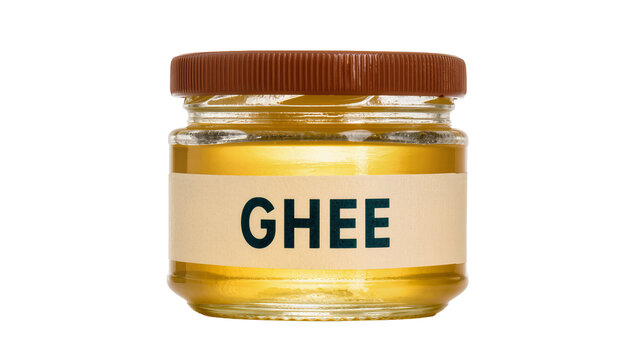 Glass jar of golden ghee with brown lid, isolated on transparent background