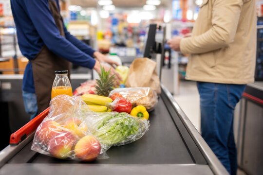 Fresh organic groceries moving on conveyor belt at supermarket checkout counter with professional cashier scanning items for male customer in modern retail store