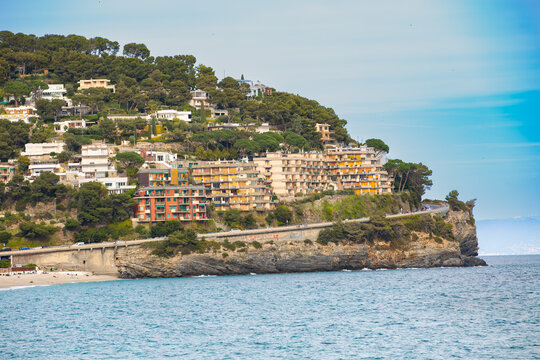 Panoramic view of the Bergeggi coast , Liguria, province of Savona, Italy. Riviera dei Fiori. Riviera di Ponente. Ligurian Sea.