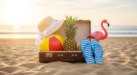 Naklejka premium Open suitcase with summer items on a sandy beach, symbolizing vacation, relaxation, and travel getaway at sunset, evoking a warm and inviting atmosphere